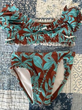 Janie and Jack Turquoise & Brown Leaf Ruffle Bikini